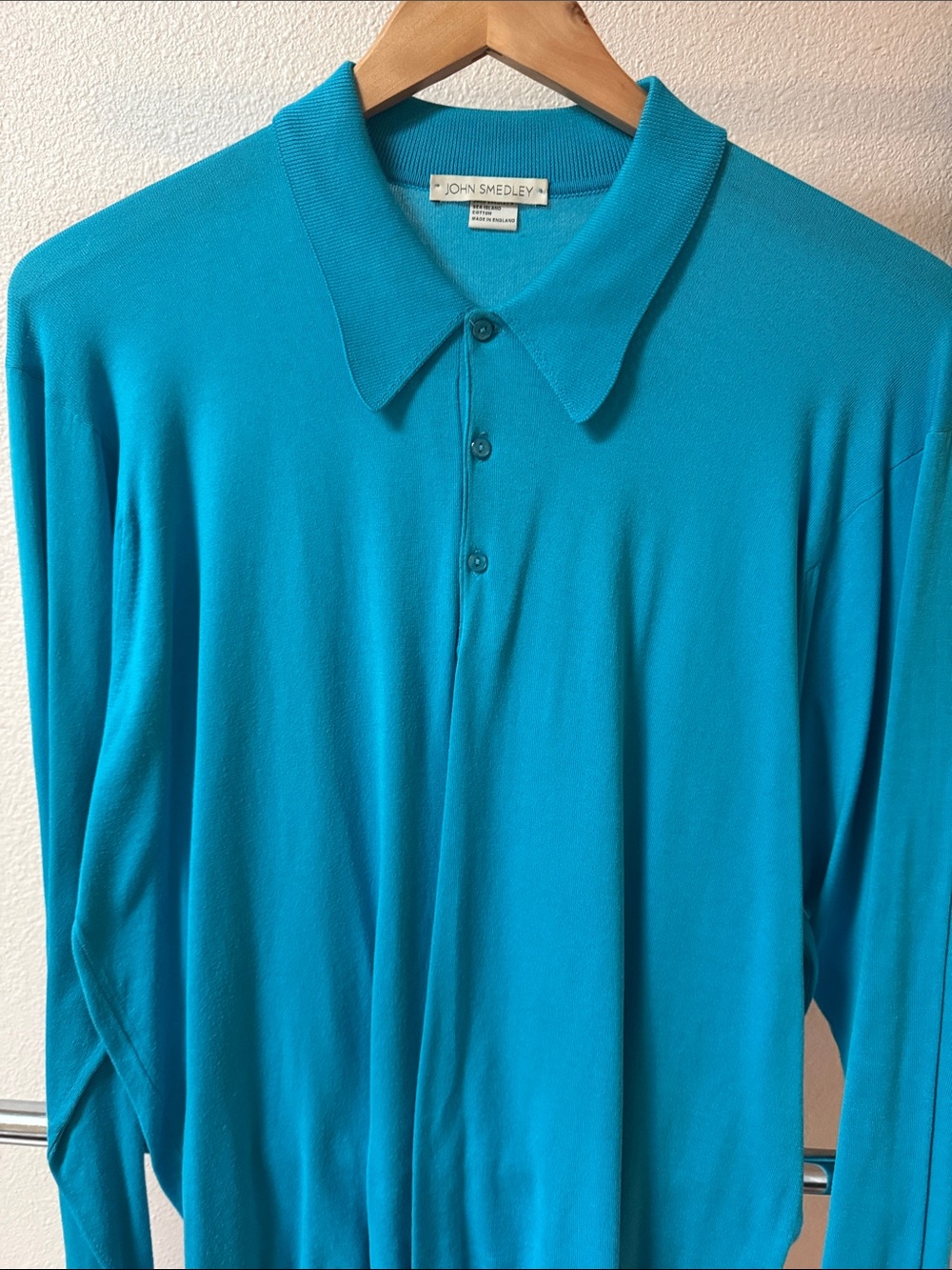 John Smedley Men's Long-Sleeve Polo Cotton Sweater in Turquoise